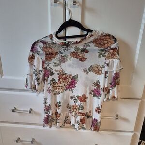 Haute Monde Floral Ruffle Sleeve Blouse - White and Purple